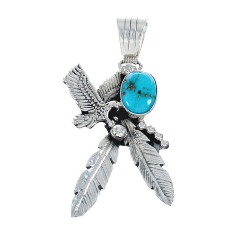 Eagle And Feathers Turquoise Sterling Silver Navajo Pendant NX11680